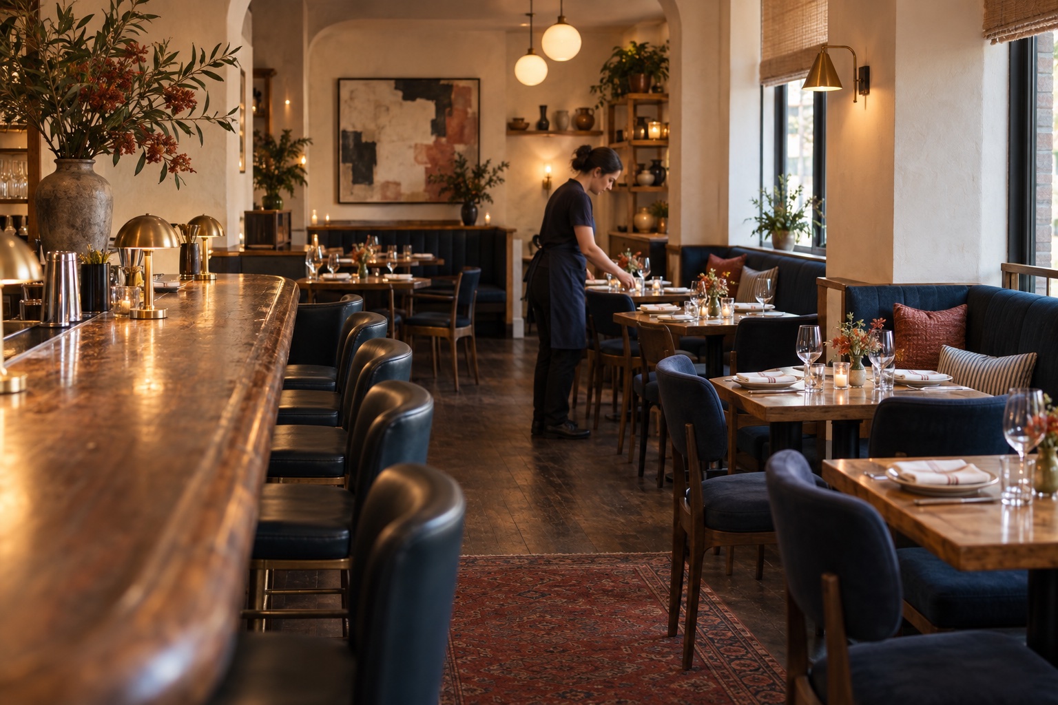 A warm restaurant dining room being prepared before evening service.